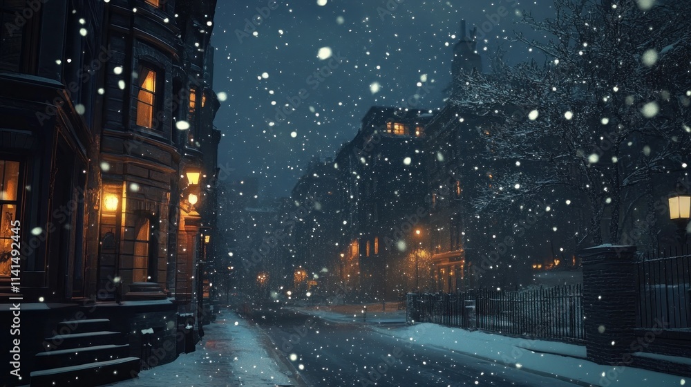 A serene snowy street scene at night, illuminated by warm streetlights.