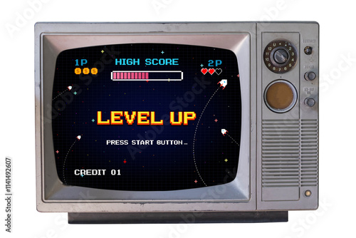LEVEL UP. pixel art .8 bit game. Retro Futurism Sci-Fi Background. glowing neon grid. on old retro television. Isolated on white background.