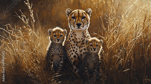 Cheetah with her two playful cubs in the savannah during golden hour photo