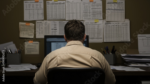 office environment with man working on computer surrounded by tax forms and documents. atmosphere is focused and organized, reflecting busy workspace