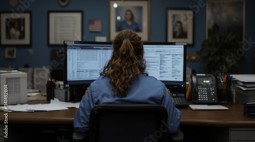 Office space with woman working at computer, surrounded by tax forms and documents. environment is organized yet busy, reflecting professional atmosphere