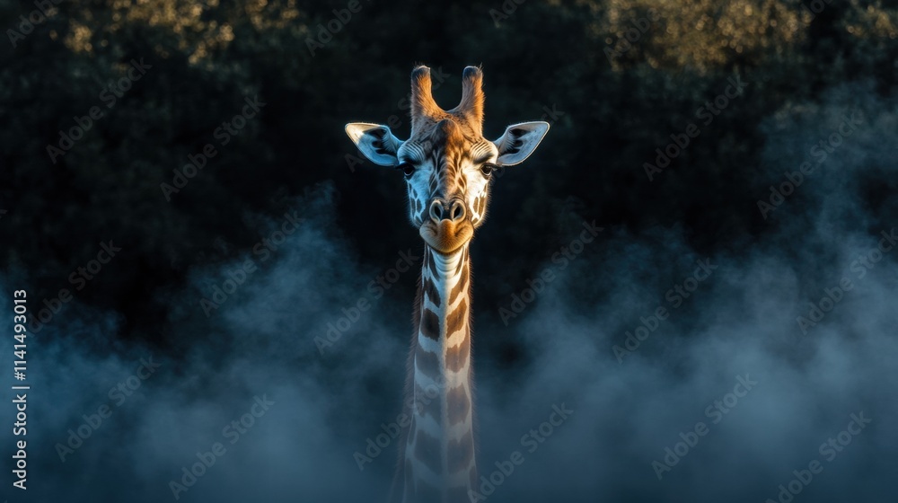 Majestic Giraffe Standing Amidst Ethereal Mist in Nature Setting