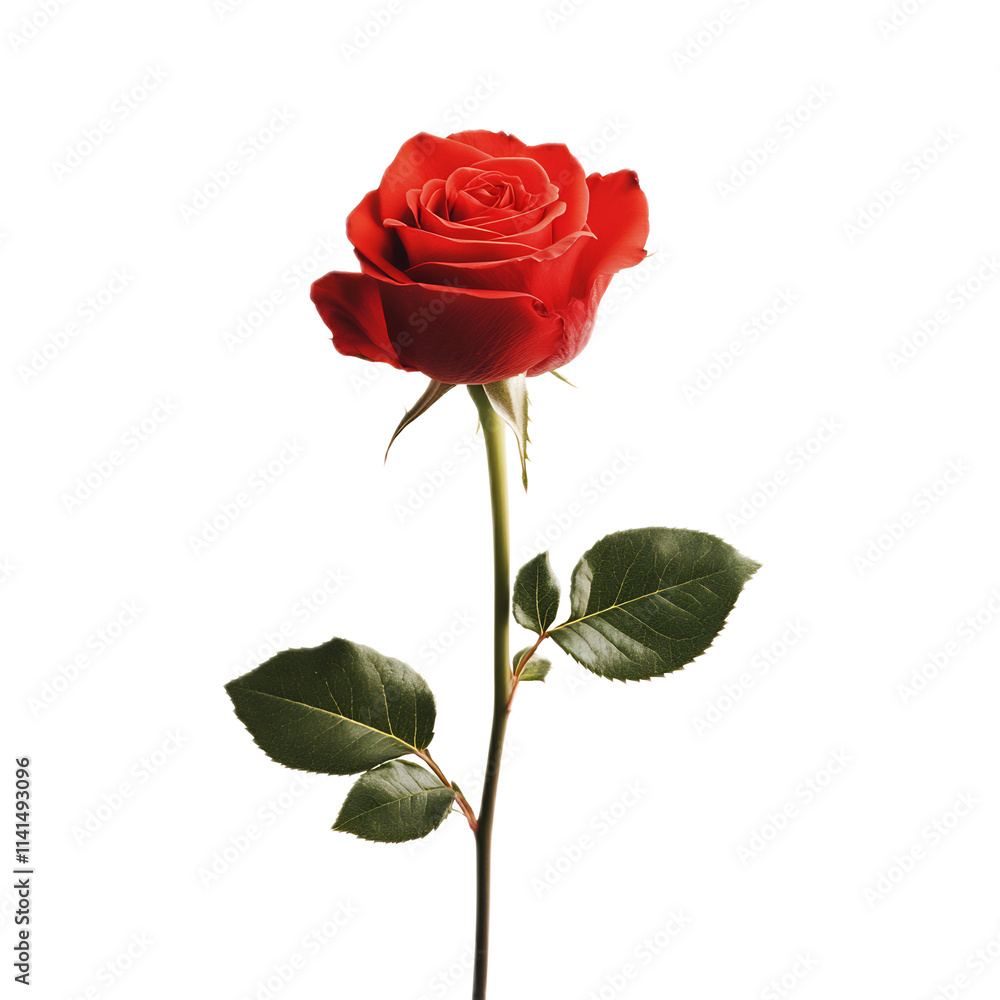 Lush Red Rose Bloom with Green Leaves on White Background Lush Red Rose Bloom with Green Leaves on White Background