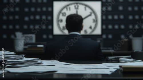 man in suit sits at desk surrounded by paperwork, focused on clock and computer screen. atmosphere conveys urgency and concentration in modern office setting