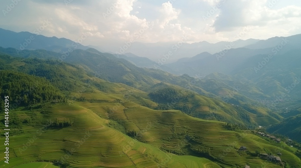 Obraz premium Serene Aerial View of Lush Green Terraced Rice Fields in Mountain Landscape