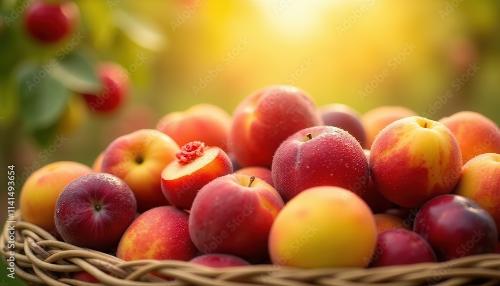 Fresh Peaches and Plums in a Basket Orchard Harvest Fresh Peaches and Plums in a Basket Orchard Harvest