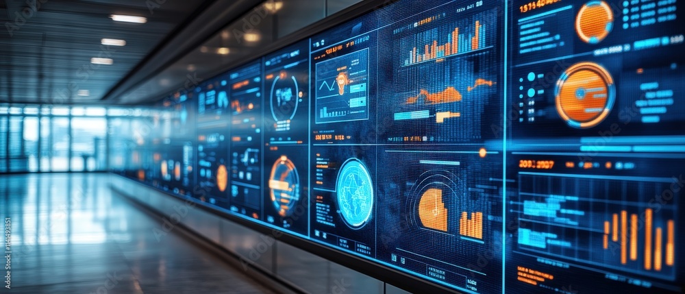 A modern data visualization room with large displays showing various analytics, graphs, and metrics in a high-tech environment. A modern data visualization room with large displays showing various analytics, graphs, and metrics in a high-tech environment.
