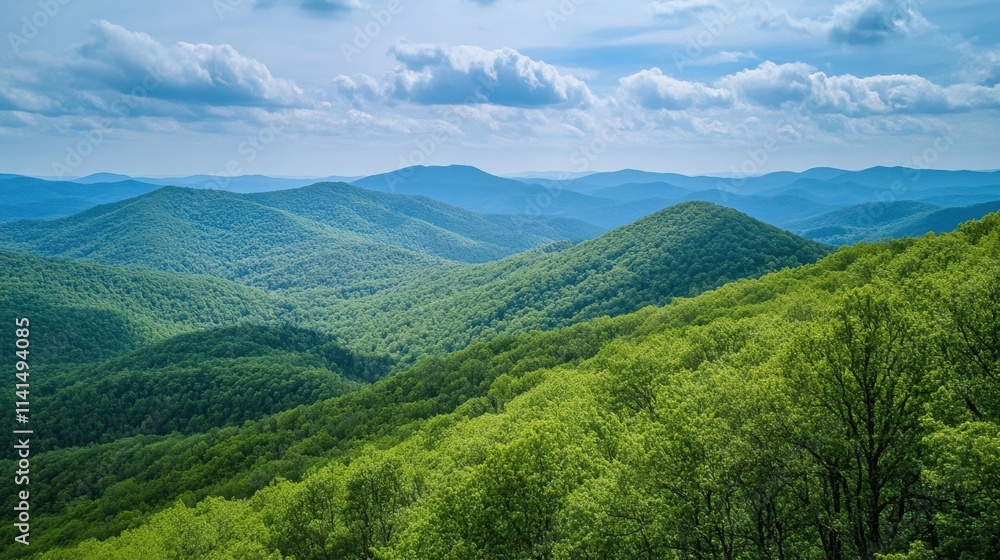 Fototapeta premium Lush Green Mountains Under a Blue Sky with Fluffy Clouds in the Distance