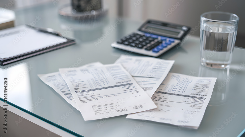 Obraz premium Medical bills scattered across a desk, symbolizing the financial burden and stress of healthcare costs, highlighting the need for affordable and accessible medical care for all.