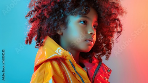 A lively portrait of an African American child wearing a colorful jacket, exuding warmth and charm in every detail. photo