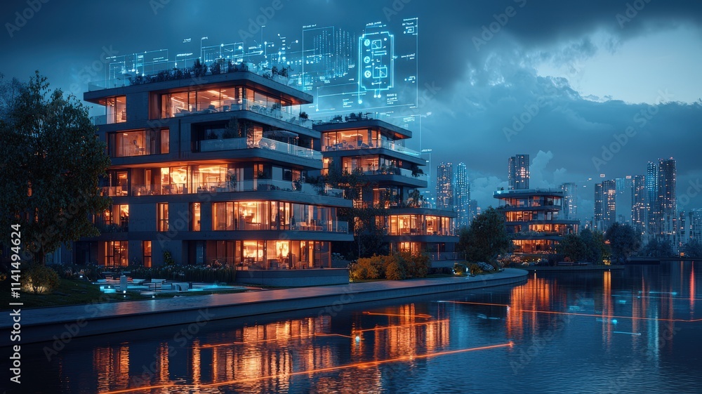 Fototapeta premium A serene urban waterfront scene featuring modern buildings illuminated at dusk, reflecting beautifully on the water.