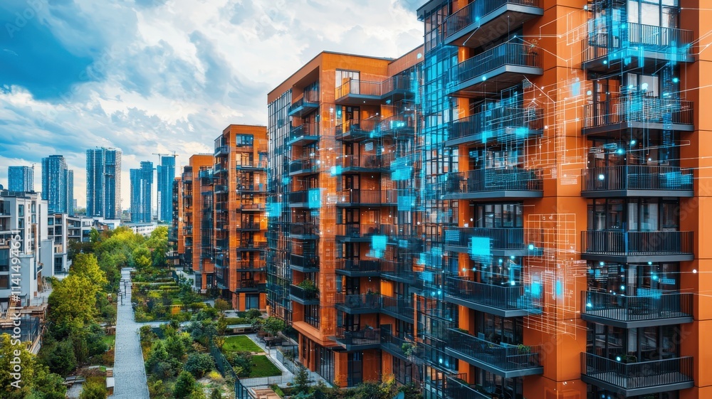Fototapeta premium A vibrant urban scene featuring modern apartments with balconies, surrounded by greenery and digital overlays, showcasing a blend of nature and technology.