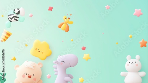 A vibrant scene featuring adorable cartoon animals and colorful stars against a soft backdrop.
