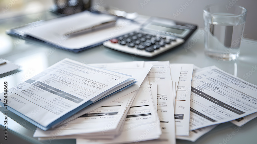 Obraz premium Medical bills scattered across a desk, symbolizing the financial burden and stress of healthcare costs, highlighting the need for affordable and accessible medical care for all.