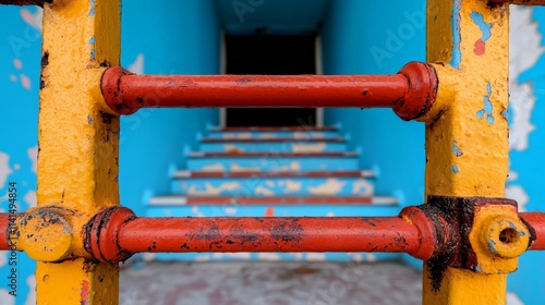 Rust Playground: A close-up shot of a playground ladder, painted in vibrant hues of yellow and red, with a textured, aged aesthetic, leads to the backdrop of faded blue stairs and walls.
