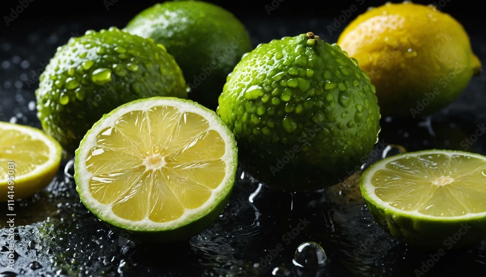 Fresh Limes and Lemons with Water Droplets on Dark Background Fresh Limes and Lemons with Water Droplets on Dark Background
