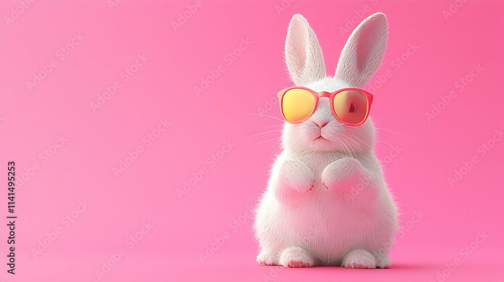 Fototapeta premium Adorable 3D Bunny in Sunglasses on Pink Background