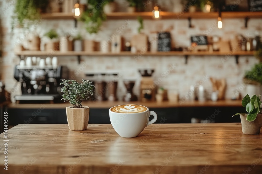 Cozy coffee shop scene with latte art and rustic decor details Cozy coffee shop scene with latte art and rustic decor details