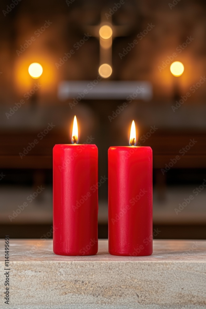 Red candles burning on altar church interior spiritual scene Red candles burning on altar church interior spiritual scene