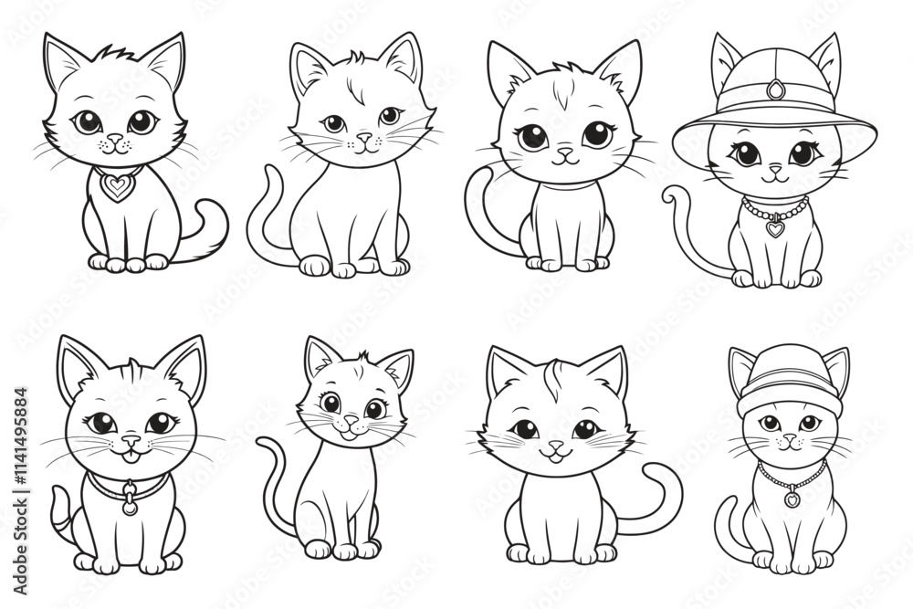 set of cat cartoon character line art design set of cat cartoon character line art design
