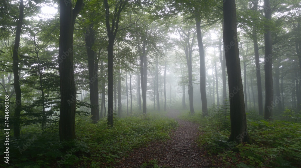 Fototapeta premium Foggy Forest Pathway Surrounded by Lush Green Trees in Tranquil Nature Scene