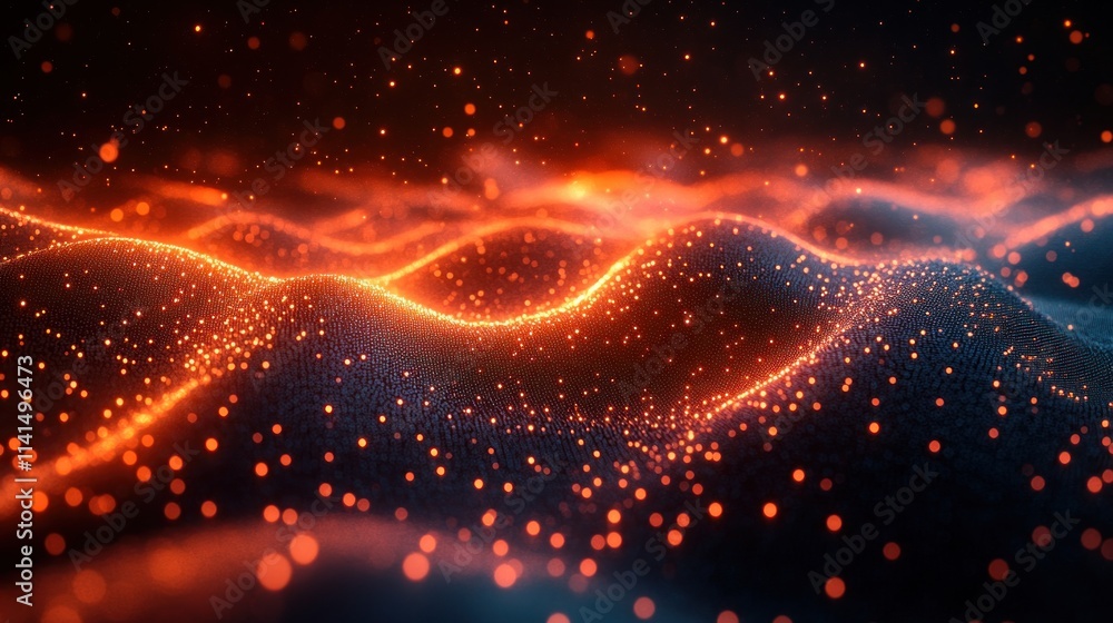 Glowing orange particles form dark waves.