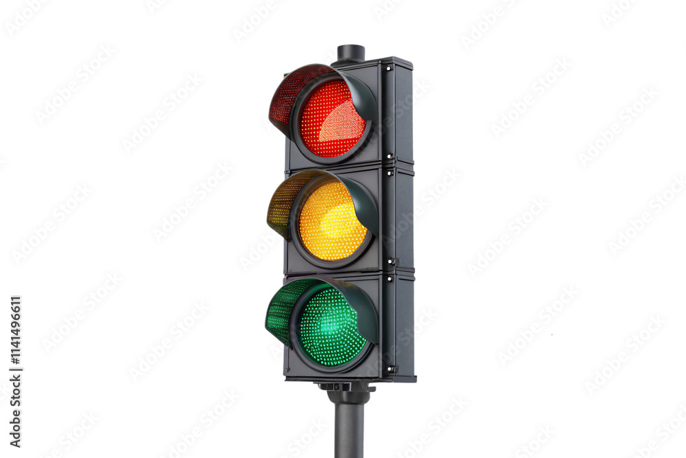 A standard three-light traffic signal shows red, yellow, and green lit indicators, embodying urban traffic control and systematic road safety, against on a transparent background