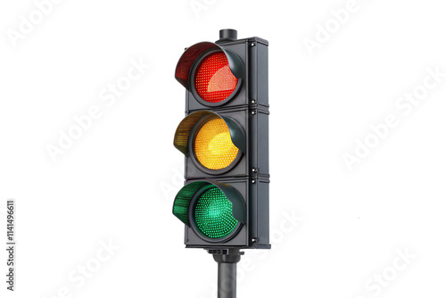 Obraz na płótnie A standard three-light traffic signal shows red, yellow, and green lit indicators, embodying urban traffic control and systematic road safety, against on a transparent background w salonie