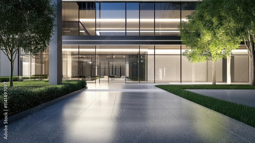 Modern Office Building Exterior with Lush Green Landscape at Twilight Modern Office Building Exterior with Lush Green Landscape at Twilight