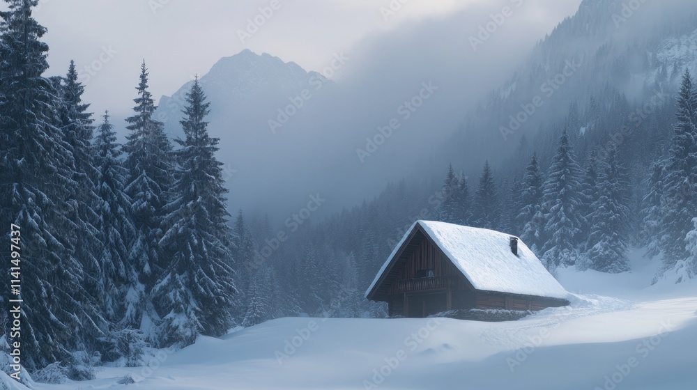 Fototapeta premium A serene winter landscape featuring a solitary cabin surrounded by snow-covered mountains.