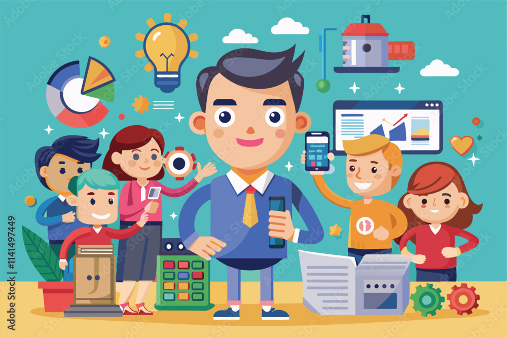 A group of professionals is actively working together to enhance efficiency with creative tools and ideas, Efficiency Customizable Cartoon Illustration A group of professionals is actively working together to enhance efficiency with creative tools and ideas, Efficiency Customizable Cartoon Illustration