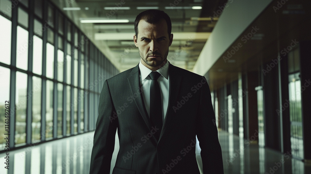 Confident Businessman Walking Modern Office Corridor Confident Businessman Walking Modern Office Corridor