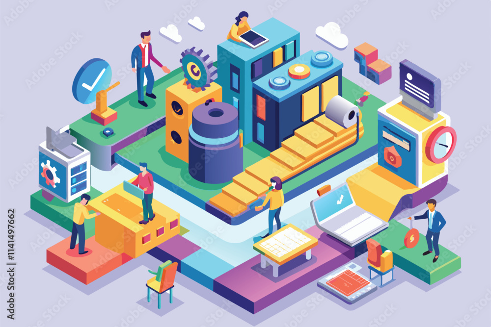 People engage in various tasks using technology in a vibrant, customizable isometric workspace environment, Efficiency Customizable Isometric Illustration People engage in various tasks using technology in a vibrant, customizable isometric workspace environment, Efficiency Customizable Isometric Illustration