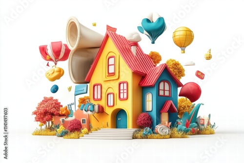 Colorful Fantasy House Surrounded by Vibrant Elements and Balloons
