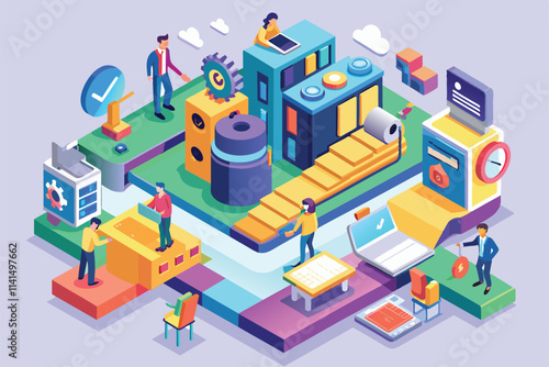 People engage in various tasks using technology in a vibrant, customizable isometric workspace environment, Efficiency Customizable Isometric Illustration