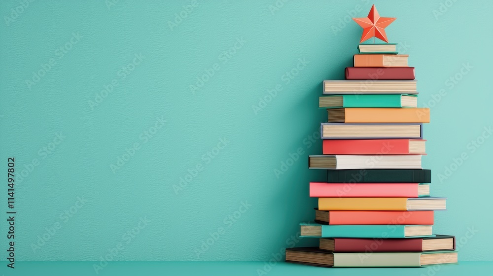 Creative book christmas tree display in pastel setting Creative book christmas tree display in pastel setting