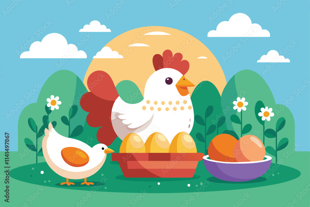 Obraz premium A cheerful chicken stands next to its eggs in a vibrant outdoor environment, Eggs and chicken Customizable Semi Flat Illustration