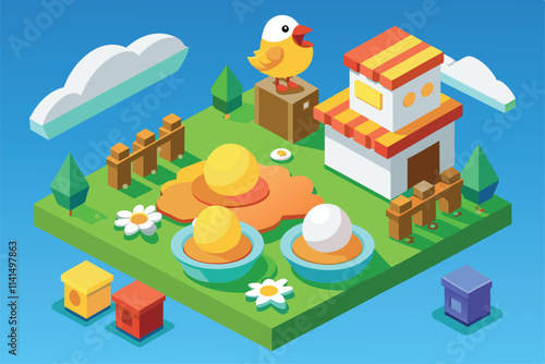 A bright farm features colorful eggs, a cheerful chicken, flowers, and block structures in vibrant settings, Eggs and chicken Customizable Isometric Illustration