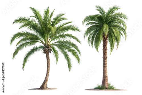 Artistic palm trees with curved trunks and dense green canopies stand side-by-side, conveying a warm, tropical beach-like feel, against on a transparent background