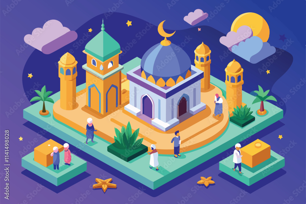 Obraz premium A colorful isometric illustration showcases people celebrating Eid al-Fitr with prayers and decorations outdoors, Eid al fitr Customizable Isometric Illustration