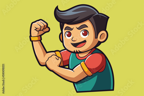A cheerful cartoon character flexes muscles, showcasing strength and playfulness in a colorful setting, Elbow bump Customizable Cartoon Illustration