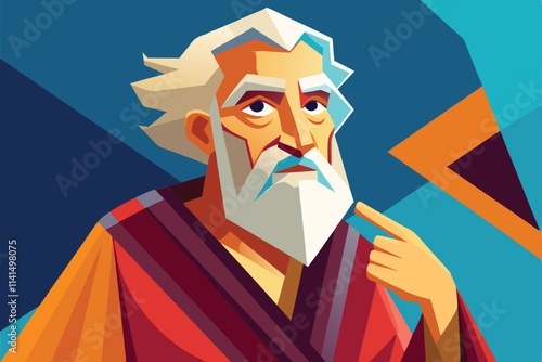An elderly philosopher in a toga contemplates deep thoughts, conveying wisdom through his expressive gestures, Elderly philosopher in togas abstract concept,