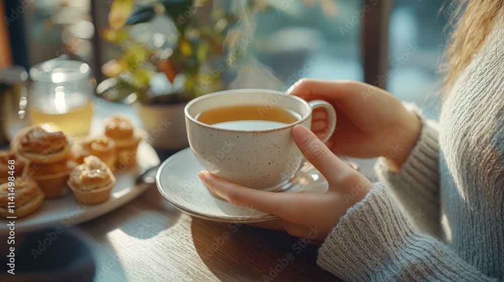 mindful eating habits, Person Enjoying Tea and Muffins in Cozy Atmosphere mindful eating habits, Person Enjoying Tea and Muffins in Cozy Atmosphere