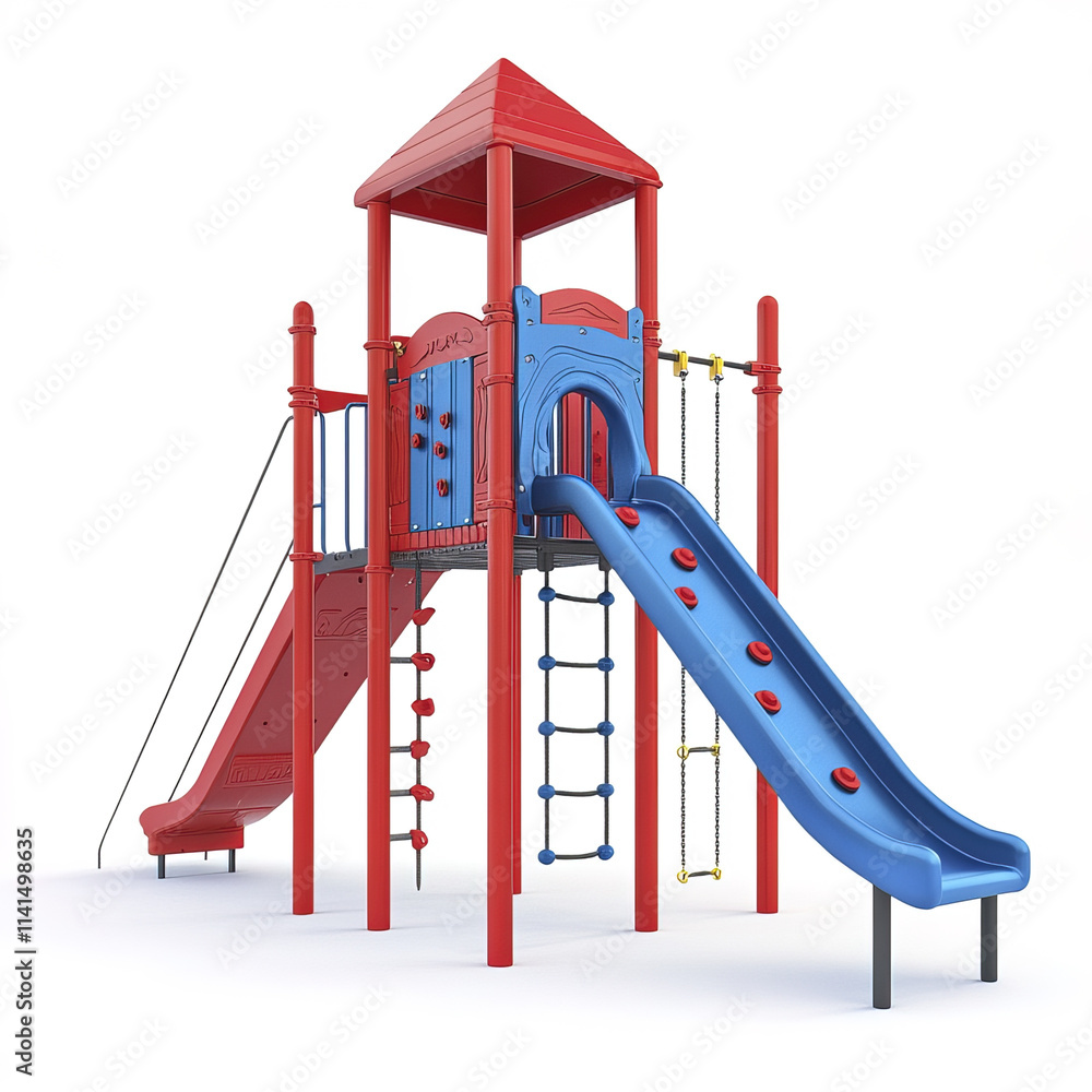 Playground with red and blue climbing equipment, slides, and monkey bars Playground with red and blue climbing equipment, slides, and monkey bars