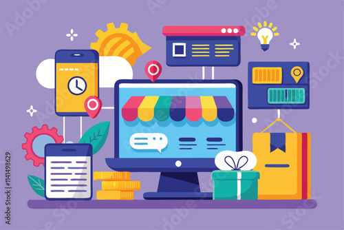 A colorful digital workspace showcases online shopping and electronic commerce concepts, Electronic commerce, online shopping and shortened link