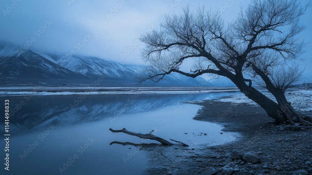 A serene river scene at dusk, featuring a lone tree and mountain, nature, background in the background. A serene river scene at dusk, featuring a lone tree and mountain, nature, background in the background.