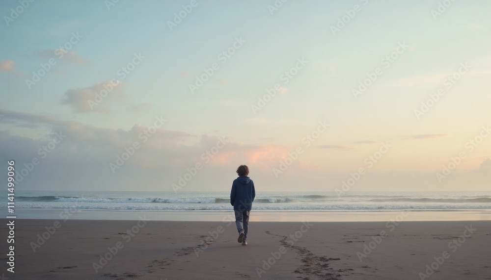 Lonely child walking alone on the beach at sunset, reflecting on solitude and freedom Lonely child walking alone on the beach at sunset, reflecting on solitude and freedom