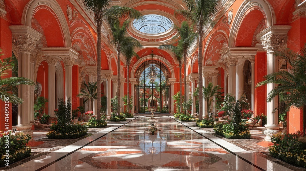 Obraz premium Grand Ornate Hallway with Vibrant Architecture and Lush Greenery, Featuring Impressive Columns, Arched Windows, and Exquisite Decorative Elements, Inviting Natural Light for a Stunning Ambiance