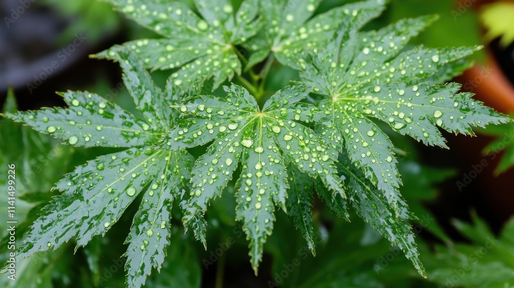 Fresh Green Leaves with Water Droplets in Natural Garden Setting Fresh Green Leaves with Water Droplets in Natural Garden Setting
