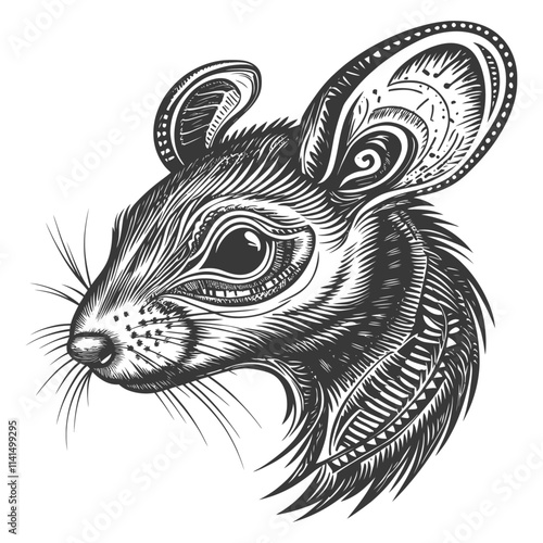 Detailed Black And White Illustration Of A Rats Head With A Patterned Ear